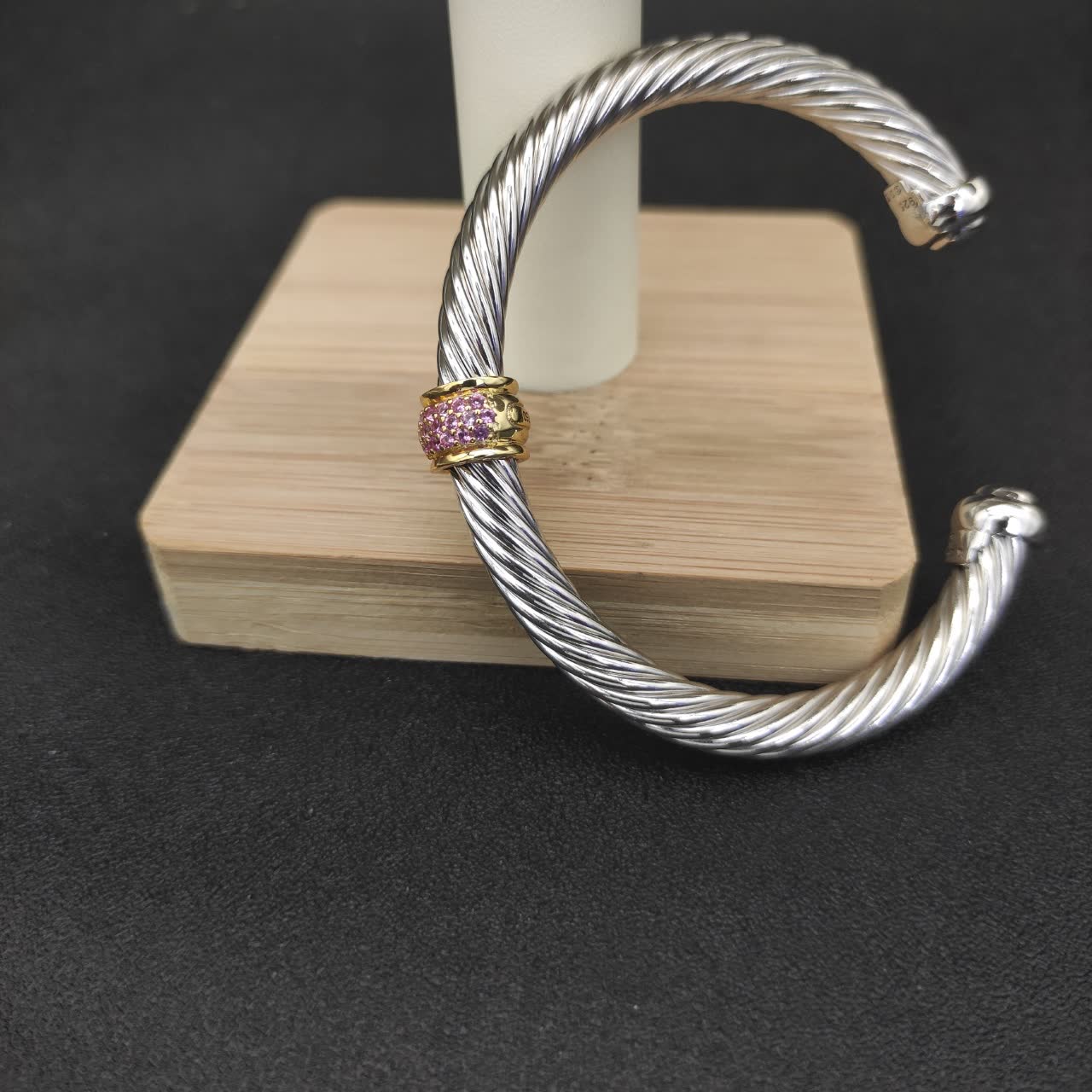 David Yurman Silver Cable Bracelet with Pink Gemstone